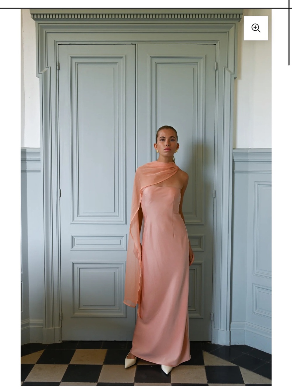 Elegant Peach One-Shoulder Evening Dress with Draped Scarf